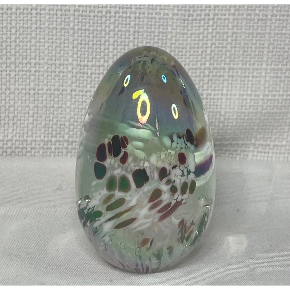 Vintage 1983 MSH Signed Iridescent Art Glass Egg Paperweight Millefiori Bubbles
